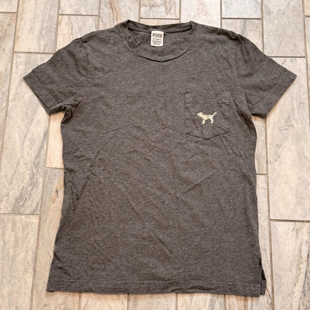 PINK Victoria's Secret women's XS (Oversized) gray w/gold sequins Pocket t-shirt - Picture 4 of 5